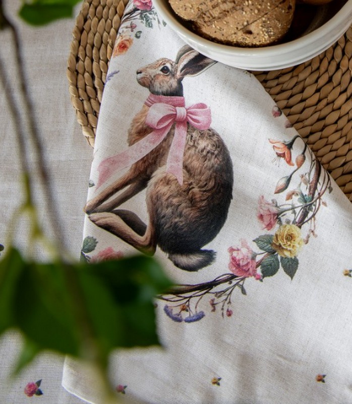 Strofinaccio da cucina in cotone decorato con lepre con fiocco rosa in ghirlanda, perfetto come regalo di Pasqua